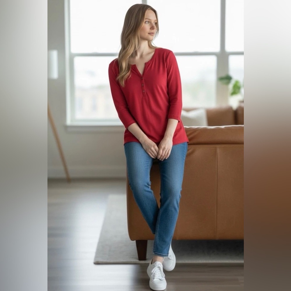 Karen Scott Red Notch-Neck Henley 3/4 Sleeve Top, Plus Size 2X, NWT